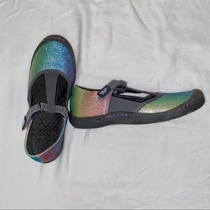 Girls Muk Luk Sport Blue/Pink Glitter T-Strap Shoe